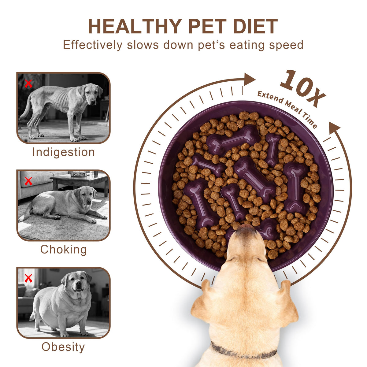 Ceramic Slow Feeder Dog Bowl, 3 Cup Dog Food or 25oz Water, Slow Eating Bowl for Middle Breed, Maze Puzzle Feeder for Fast Eaters, Anti-Choking Stop Bloat, Non-Slip BPA Free (White) White