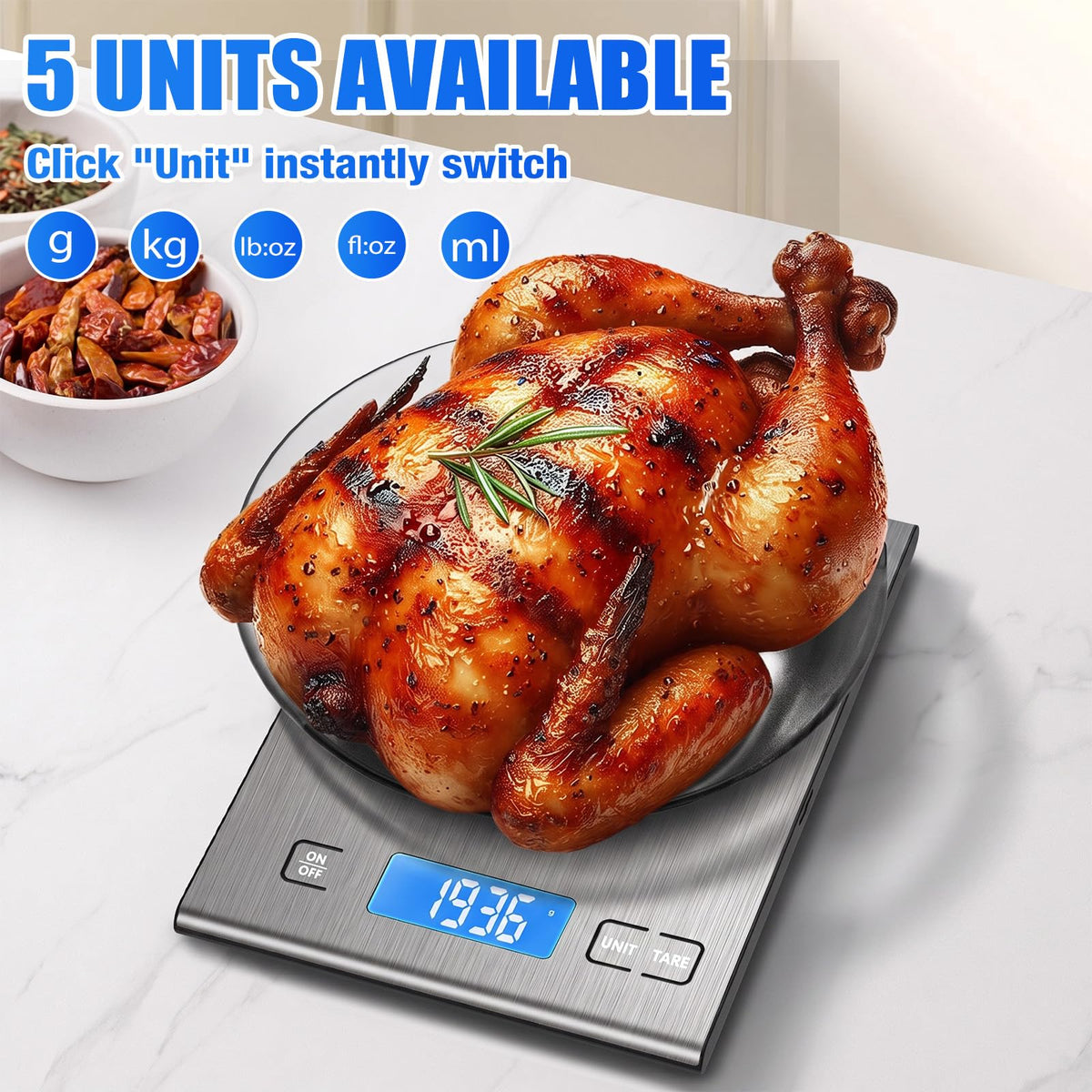 33lb Rechargeable Food Scale, Diyife 304 Stainless Steel Kitchen Scale Silver Medium