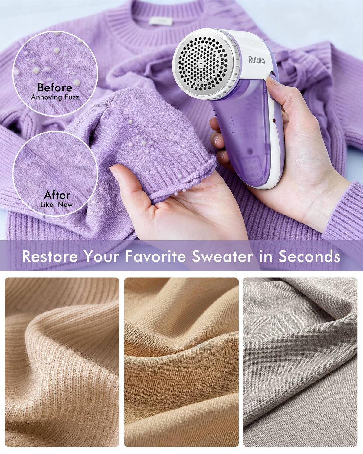 Ruidla Fabric Shaver Lint Shaver Defuzzer, Rechargeable Lint Remover Purple Rechargeable Size