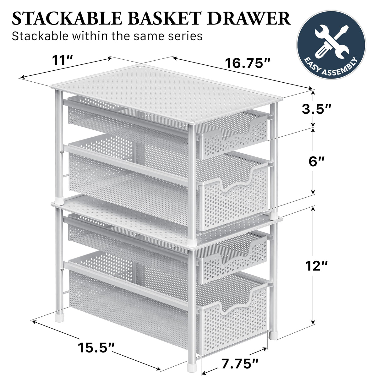 Simple Houseware Stackable 2 Tier Sliding Basket Organizer Drawer, White