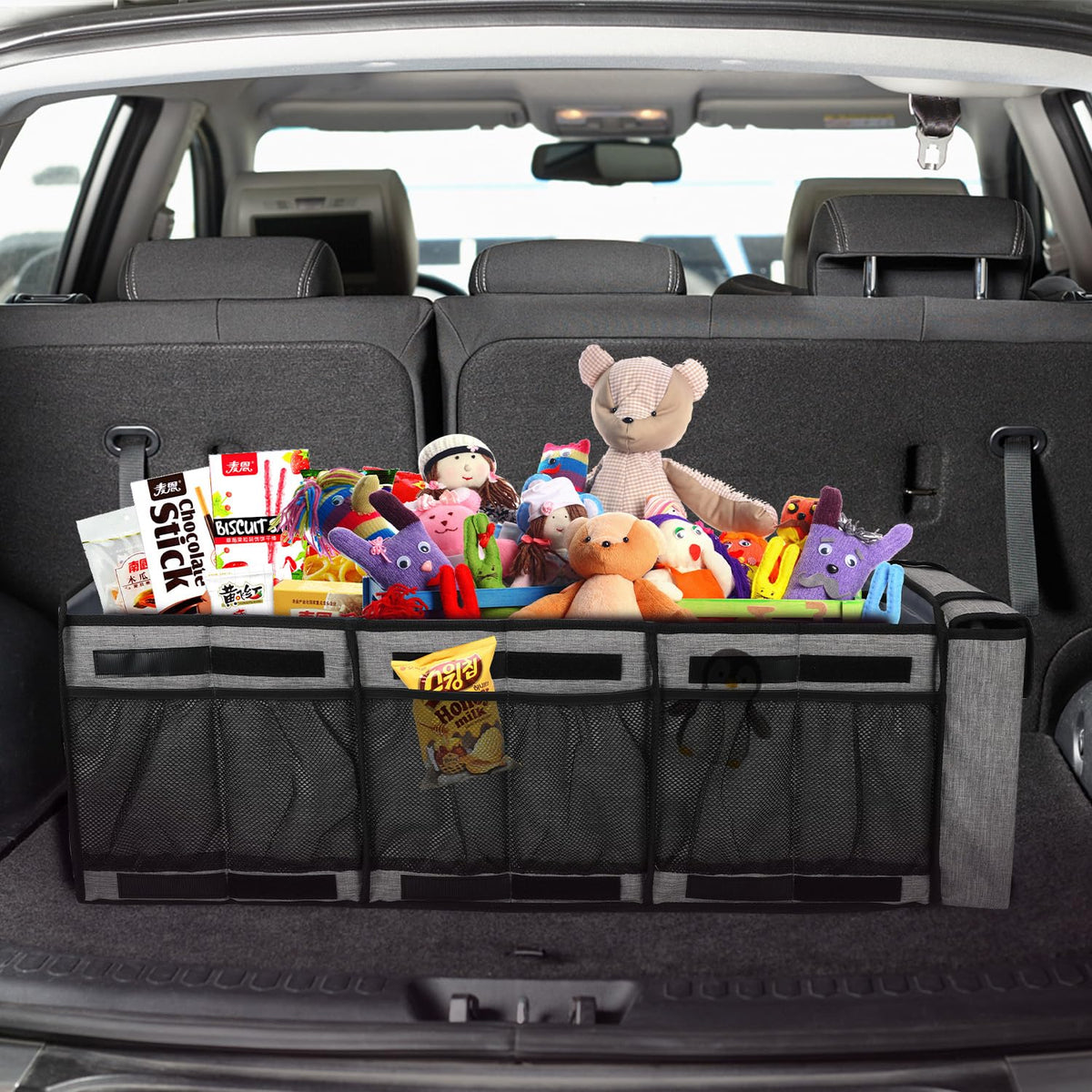 Collapsible Trunk Organizer with Insulated Leakproof Cooler Bag,Removable Lid,Adjustable Securing Straps,3 Compartments Trunk Organizer for SUV,Truck,Sedan(Grey & Black) Black&Grey With Cooler