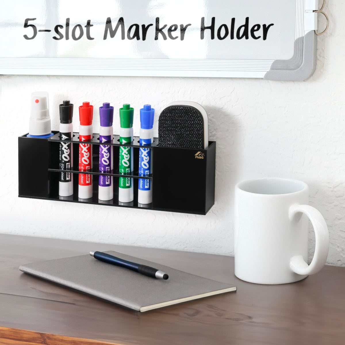 Slim Magnetic Dry Erase Marker Holder for Whiteboard, Space Saving Pen Organizer with Glass and Wall Mount Accessories for Fridge, Office, and School. Markers, Eraser, Cleaner Not Included (Black) Black