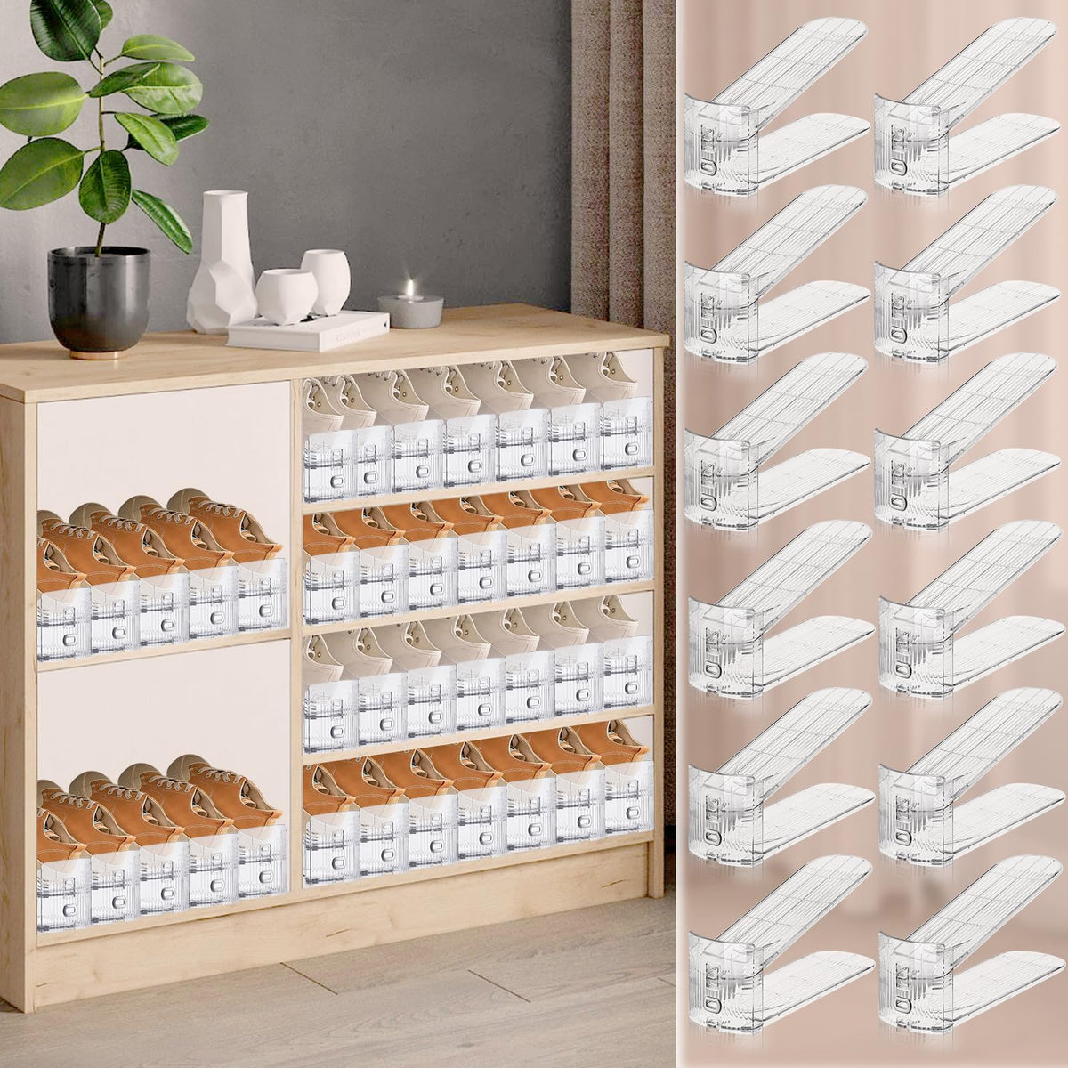 FENRUNXU Shoe Slots Organizer for Closet, Shoe Stacker Organizer Double Layer Stack Shoe Rack, Shoe Display Shelf 50% Space Saver Storage Holder for Closet, 12PACK Gold 12 Pack