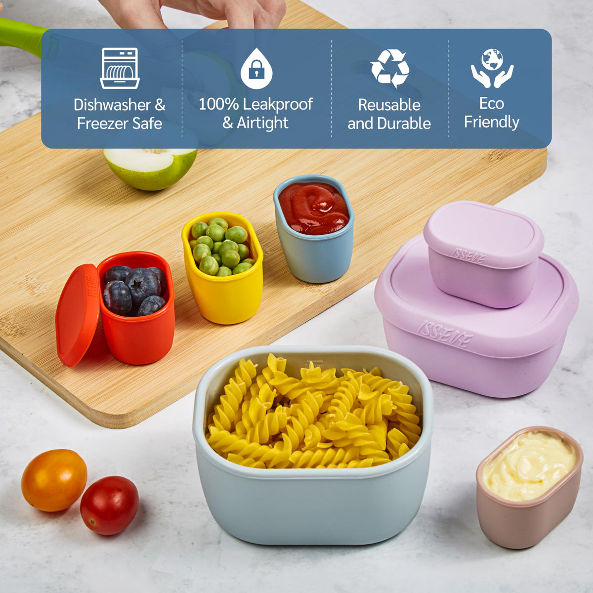 ISSEVE 12Pcs/Set Nesting Silicone Food Storage Containers with Lids Blue