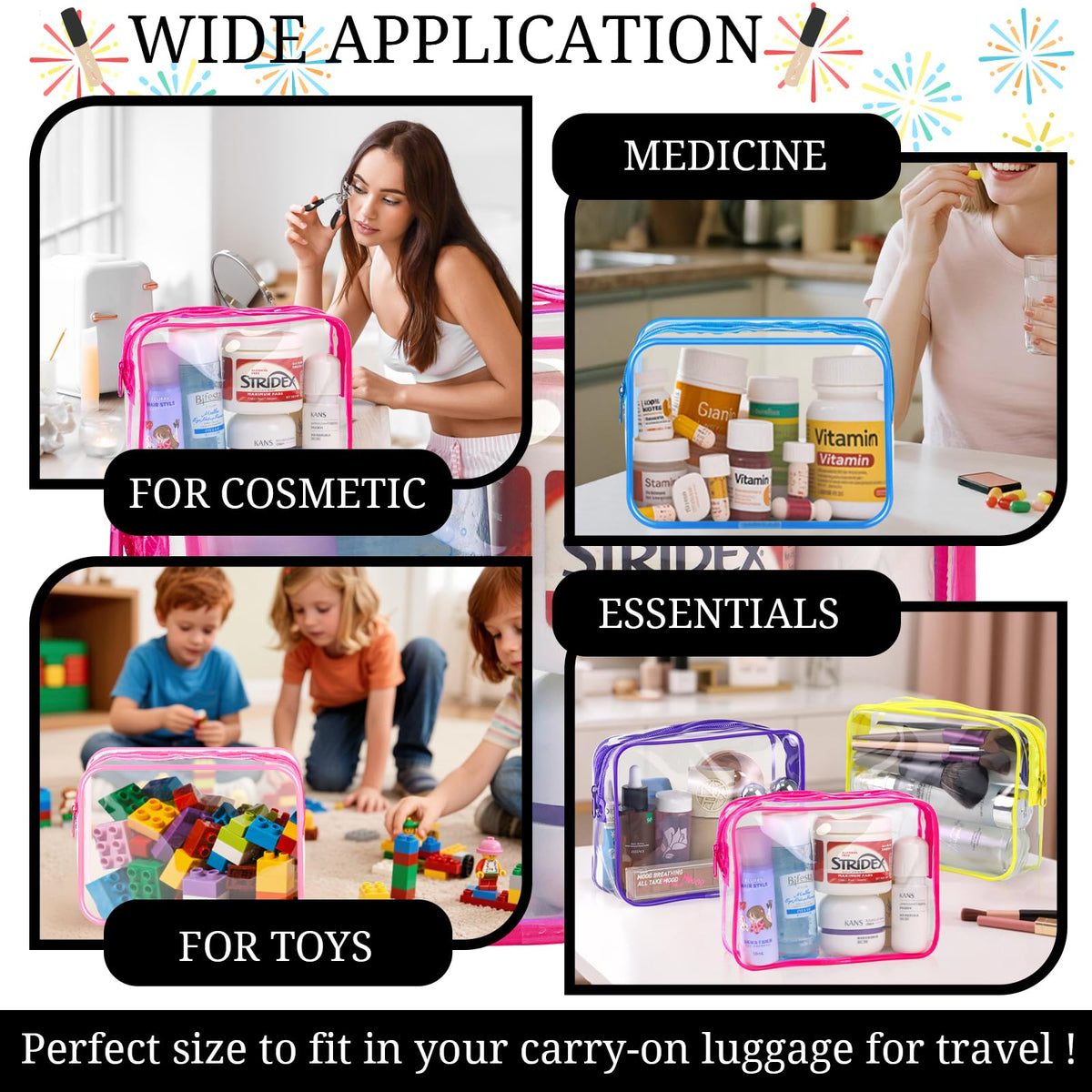 4 Pieces Clear Cosmetic Bags Bulk TSA Approved Toiletry Bag for Travel PVC Waterproof Clear Makeup Pouch with Zipper for Men and Women Carry-on Travel Essentials 4pcs SML Black