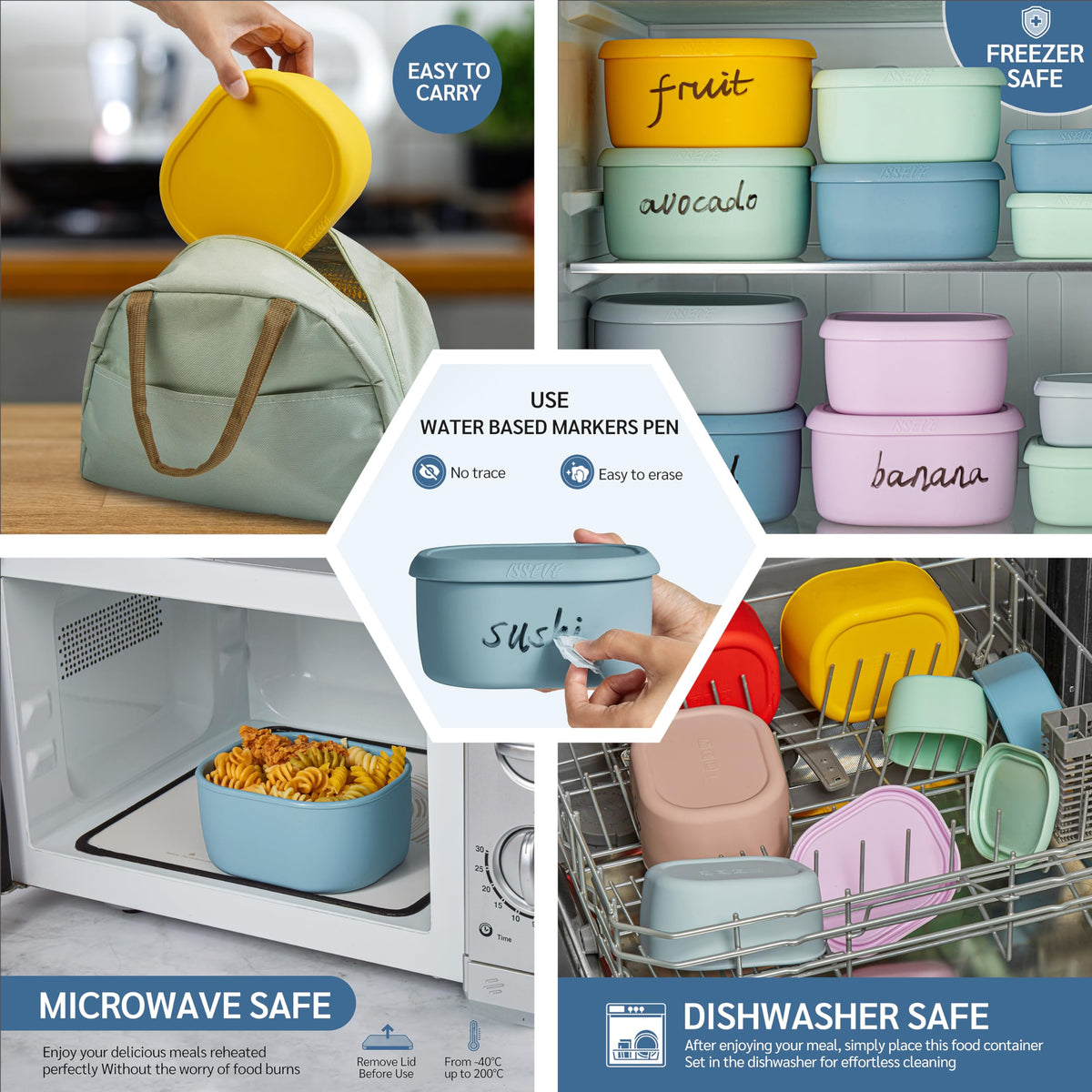 ISSEVE 12Pcs/Set Nesting Silicone Food Storage Containers with Lids Blue
