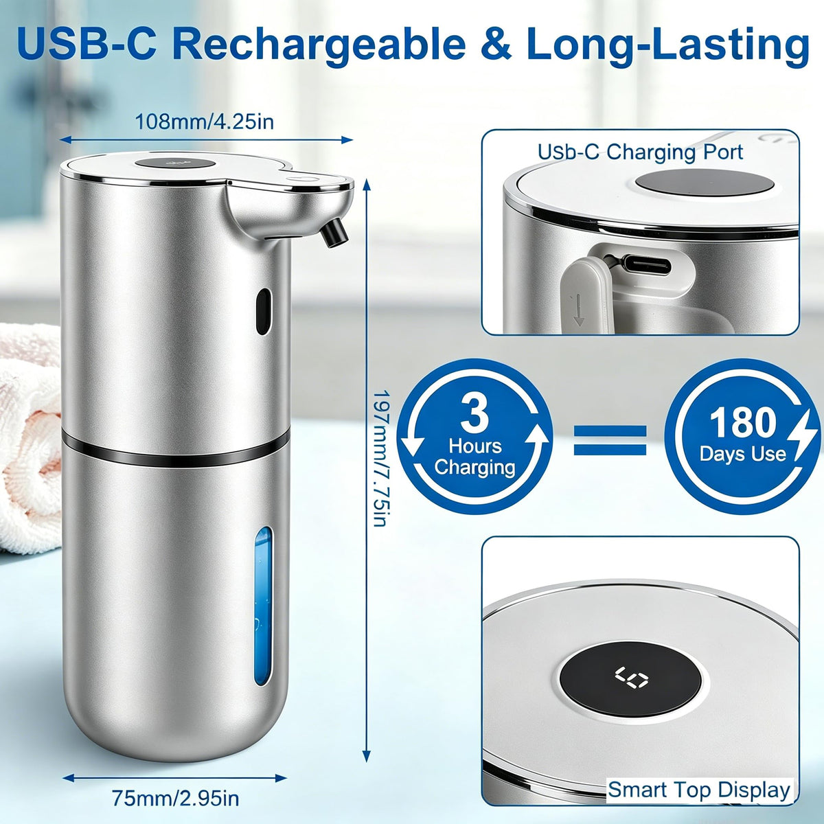 Automatic Soap Dispenser, Hand Soap Dispenser 12.8oz/380ml Smart Rechargeable, Liquid Touchless Soap Dispensers with 6-Level, Wall Mounted or Countertop Dish Soap Dispensing for Bathroom & Kitchen Black