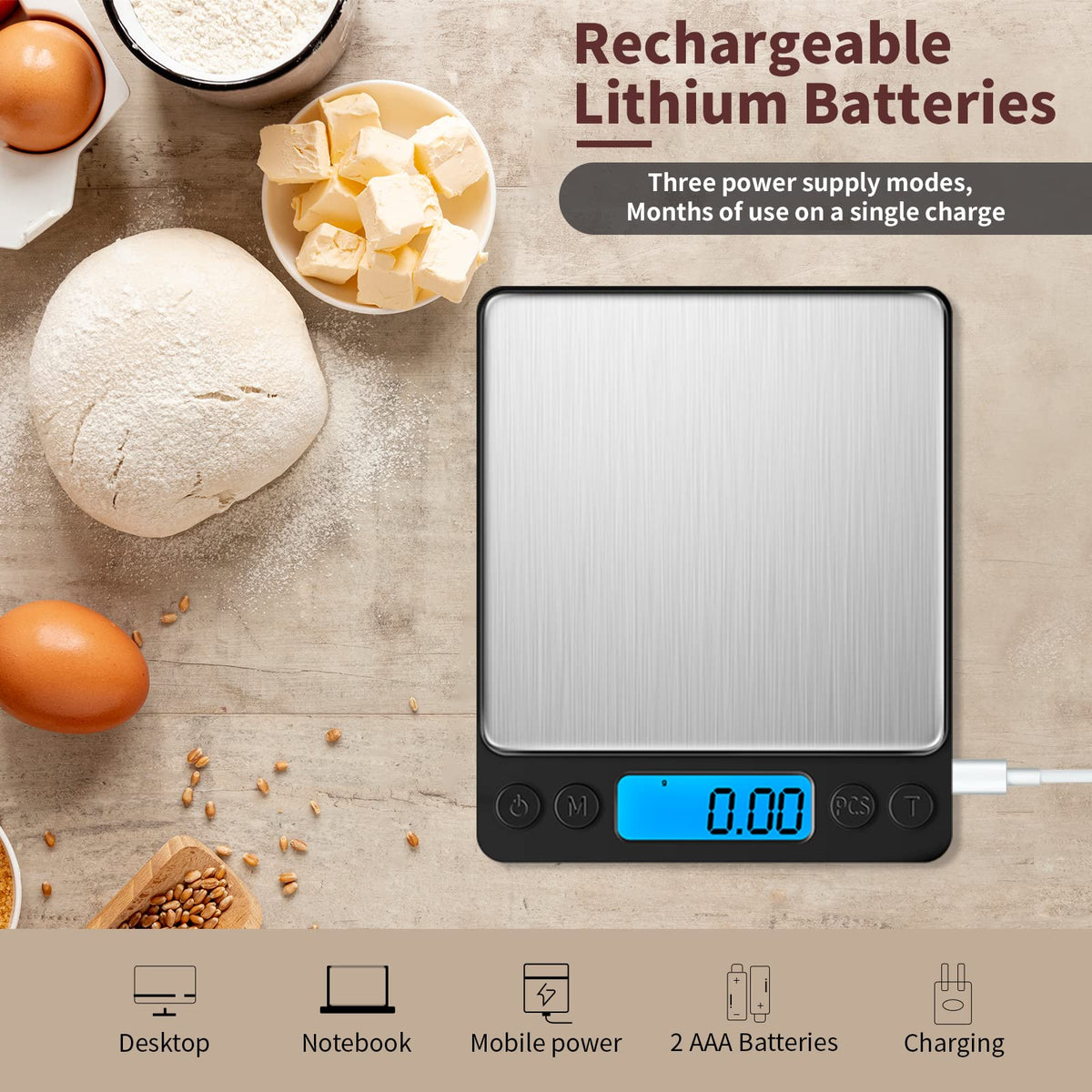 Small Digital Gram Scale 1000g by 0.01g, MEIYA High Accuracy Scale for Food Ounces and Grams, Upgrade USB Charging Kitchen Scale Digital Weight for Cooking, Baking, with Tare Function, 9 Units, 2 Tray Black