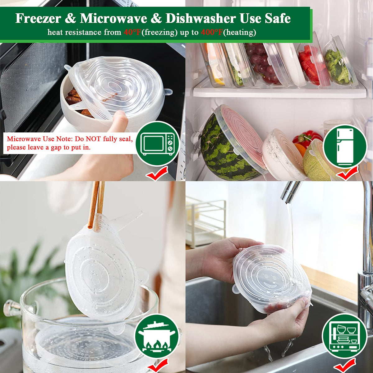 Silicone Stretch Lids, 12 Pack of Reusable Silicone Lids for Food Storage BPA-free Silicone Covers for Bowls, 6 Different Sizes to Fit Most Food Containers, Microwave & Dishwasher Use Safe All Transparent