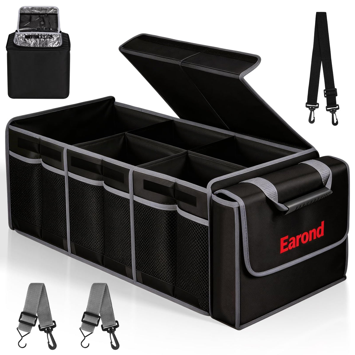 Collapsible Trunk Organizer with Insulated Leakproof Cooler Bag,Removable Lid,Adjustable Securing Straps,3 Compartments Trunk Organizer for SUV,Truck,Sedan(Grey & Black) Black&Grey With Cooler