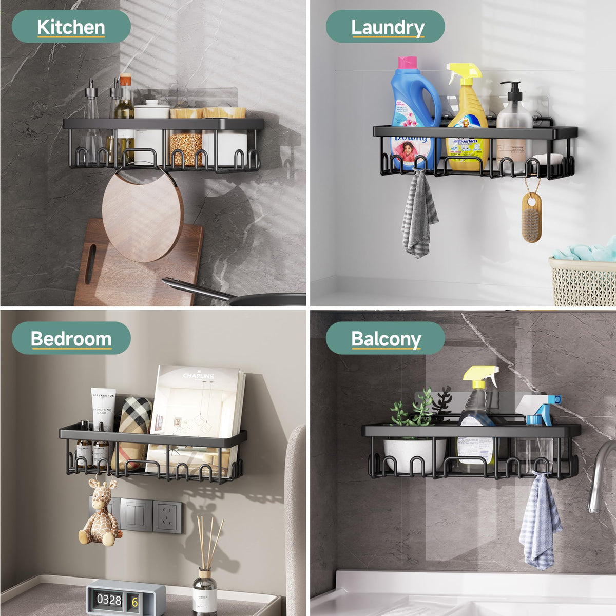 Veken Shower Caddy 6-Pack, Bathroom Organizers and Storage Shelves, Black