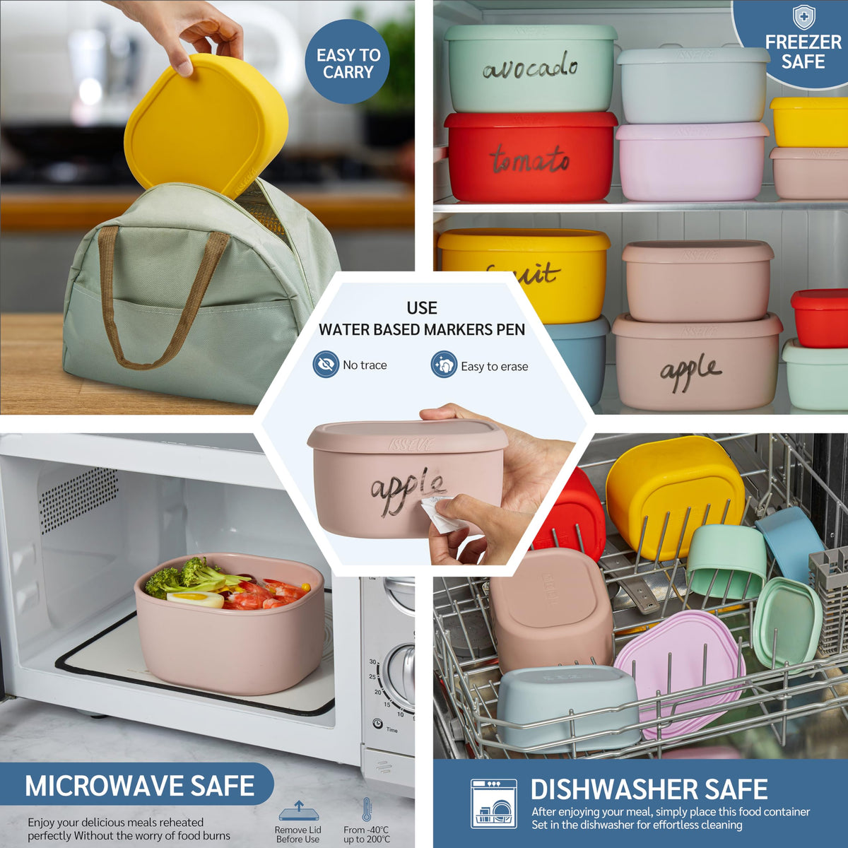 ISSEVE 12Pcs/Set Nesting Silicone Food Storage Containers with Lids Blue