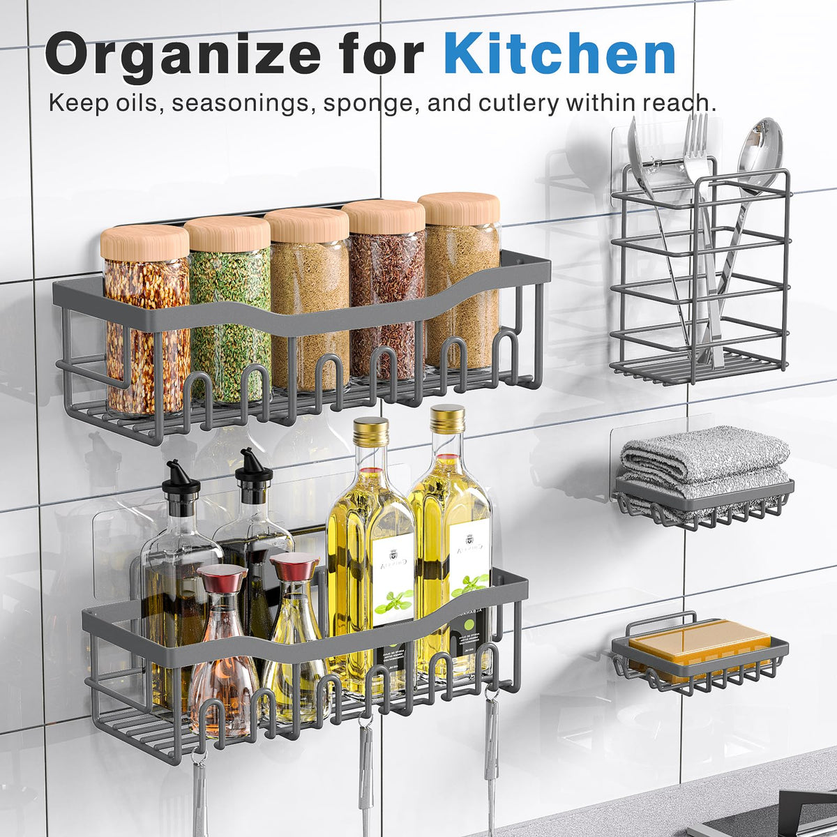 EUDELE Adhesive Shower Caddy, 5 Pack Rustproof Stainless Steel Bath Organizers With Large Capacity, No Drilling Shelves for Bathroom Storage & Home Decor Black