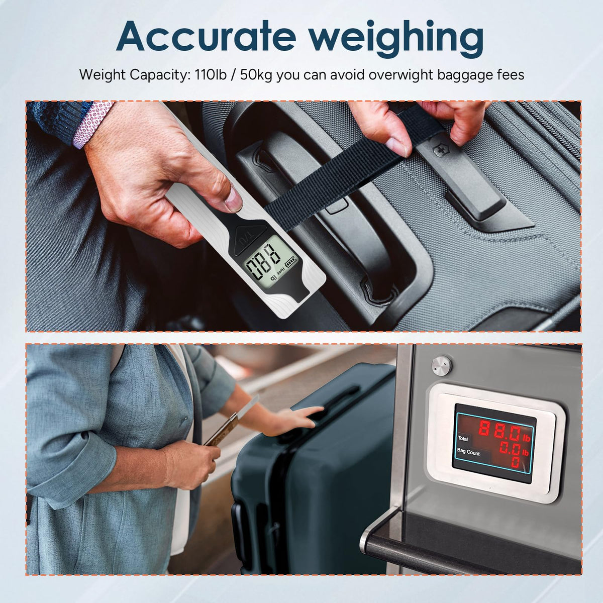 Battery-Free Luggage Scale – No Batteries Needed, Portable Digital Hanging Suitcase Weight Scale for Air Travel & Checked Bags, 110lb/50kg, LCD Display, Compact Travel Accessory Red-Large Handle