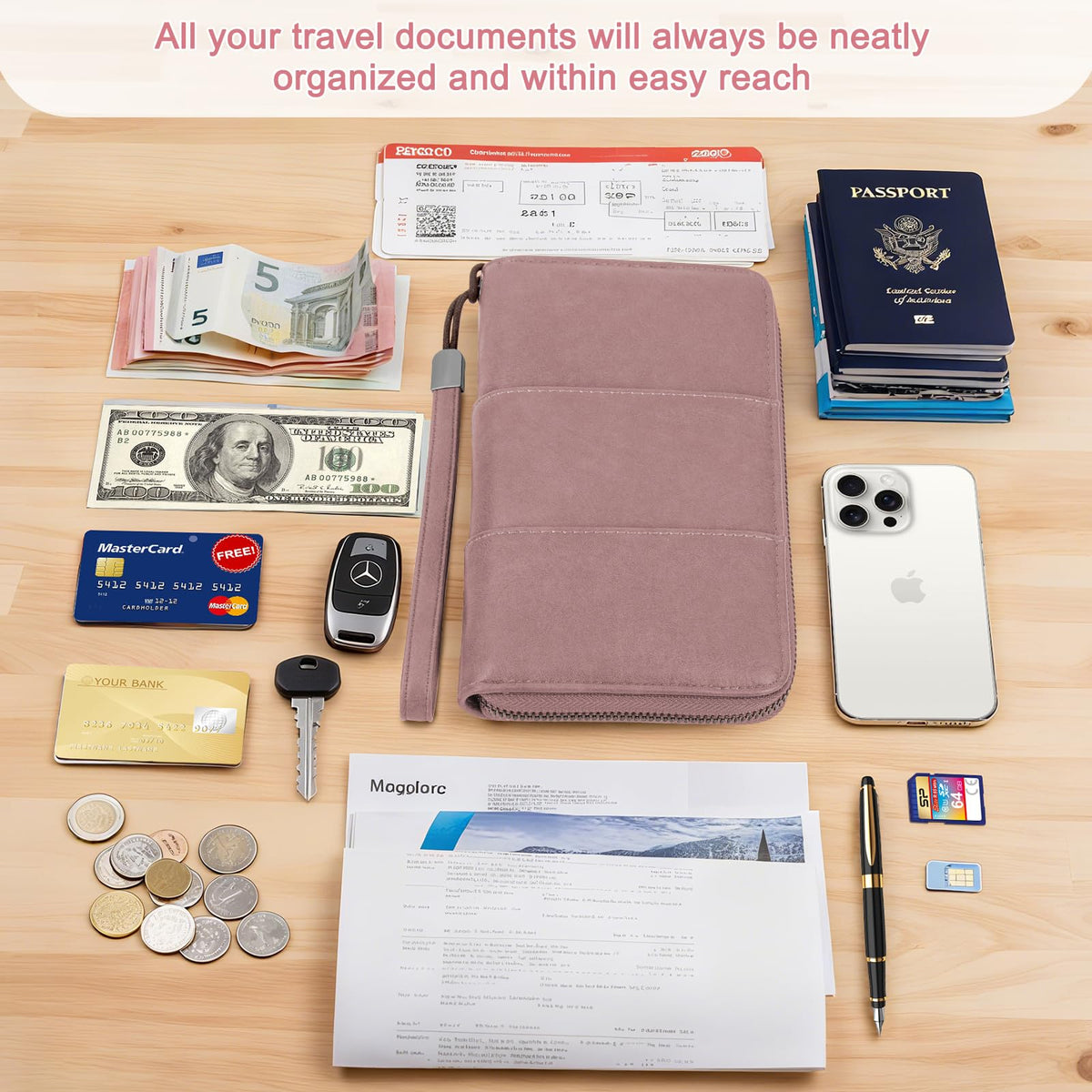 RFID Family Passport Holder Wallet - Travel Document Organizer Pink