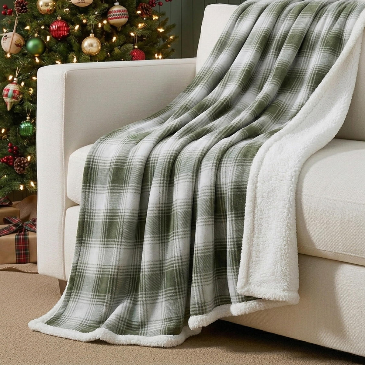 Nordic Plaid Green Sherpa Throw Blanket for Bed and Couch