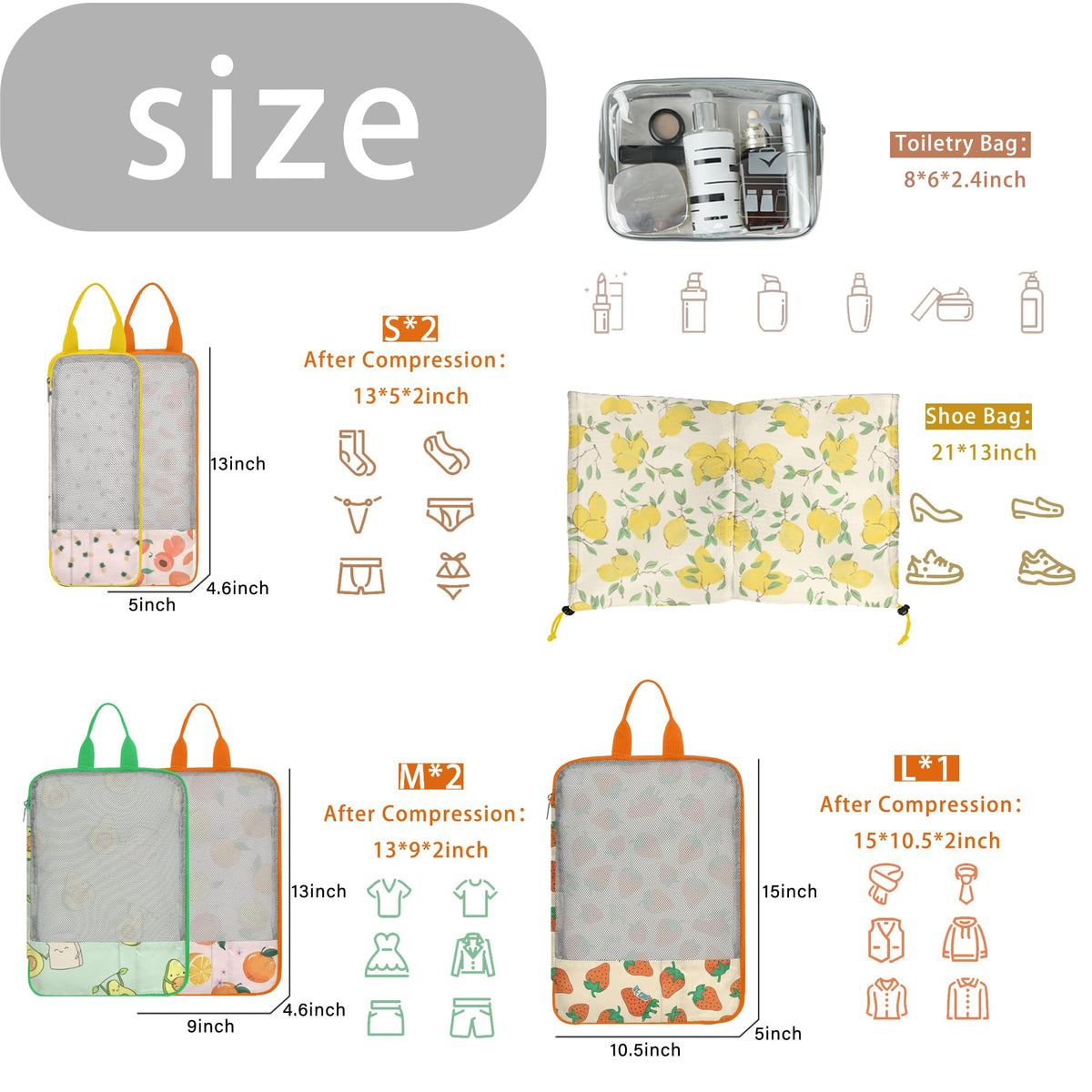 7 Pcs Compression Packing Cubes Travel for Suitcases, Luggage Organizer Washable Storage Bags Set for Backpack Travel- Packaging Cubes for Carry-Ons and Storage yellow orange