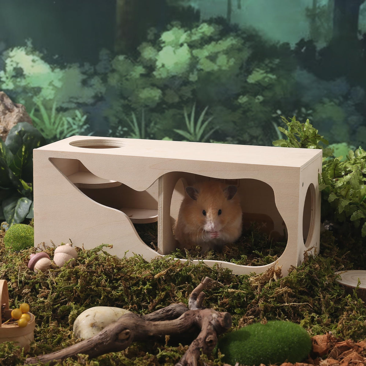 Wooden Hamster Hideout House, Small‑Pet Habitat Tunnel, Living Room