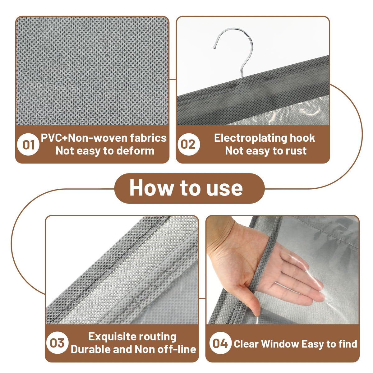 4 Pack Purse Organizer for Closet, Hanging Handbag Storage with 8 Clear PVC Pockets, Purse Organizer for Wardrobe Door Wall, Gray 41x13.5x12.6 Inch