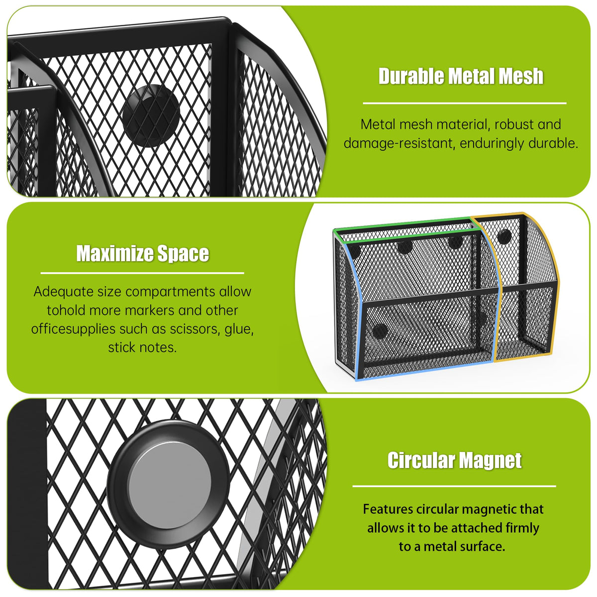 YINGHUA 3 Compartment Magnetic Metal Mesh Pen Holder, White Desk Caddy