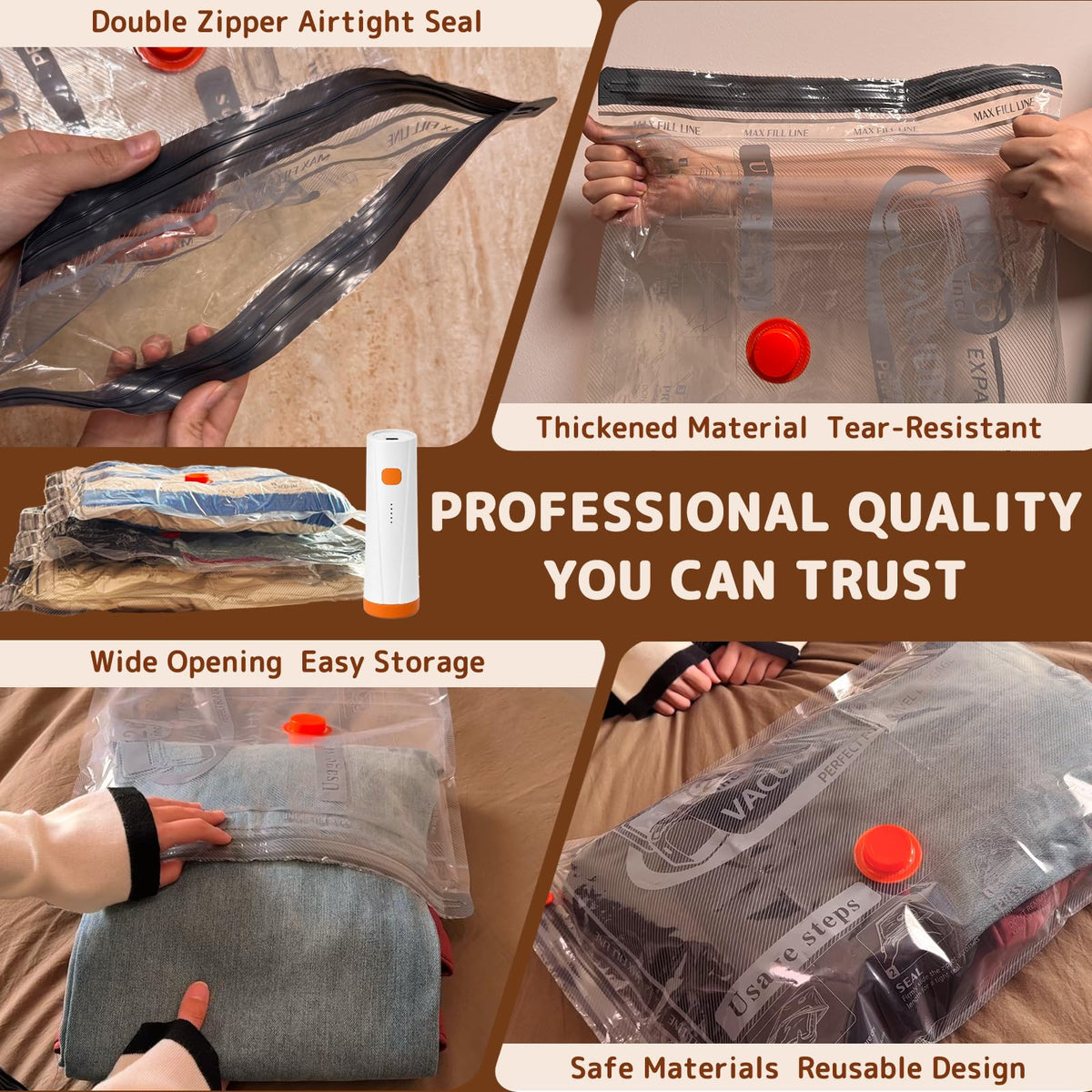 12 Pack Vacuum Bags for Travel with Rechargeable Pump, Save Luggage Space Clear 12 Combo