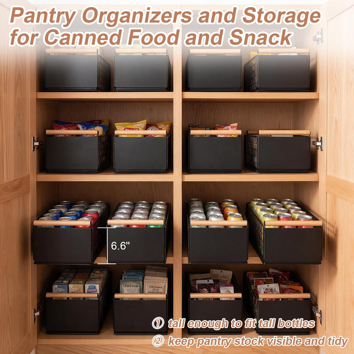 2 Pack Pull Out Cabinet Organizer Slide Out Storage Baskets with Wooden Handle, Spice Rack for Kitchen, Pantry Shelves No Drill Pullout Drawers for Under Sink, 6.6''H*9.3''W*15.7''D White 2 Pack