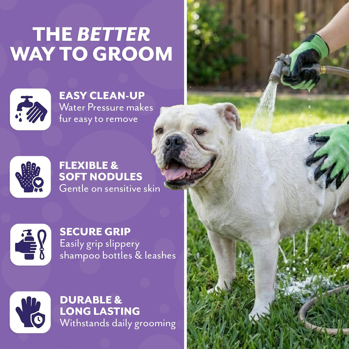 H HandsOn Pet Grooming Gloves - Patented #1 Ranked, Award Winning Shedding, Bathing, & Hair Remover Gloves - Gentle Brush for Cats, Dogs, and Horses (Mono Purple, Medium)