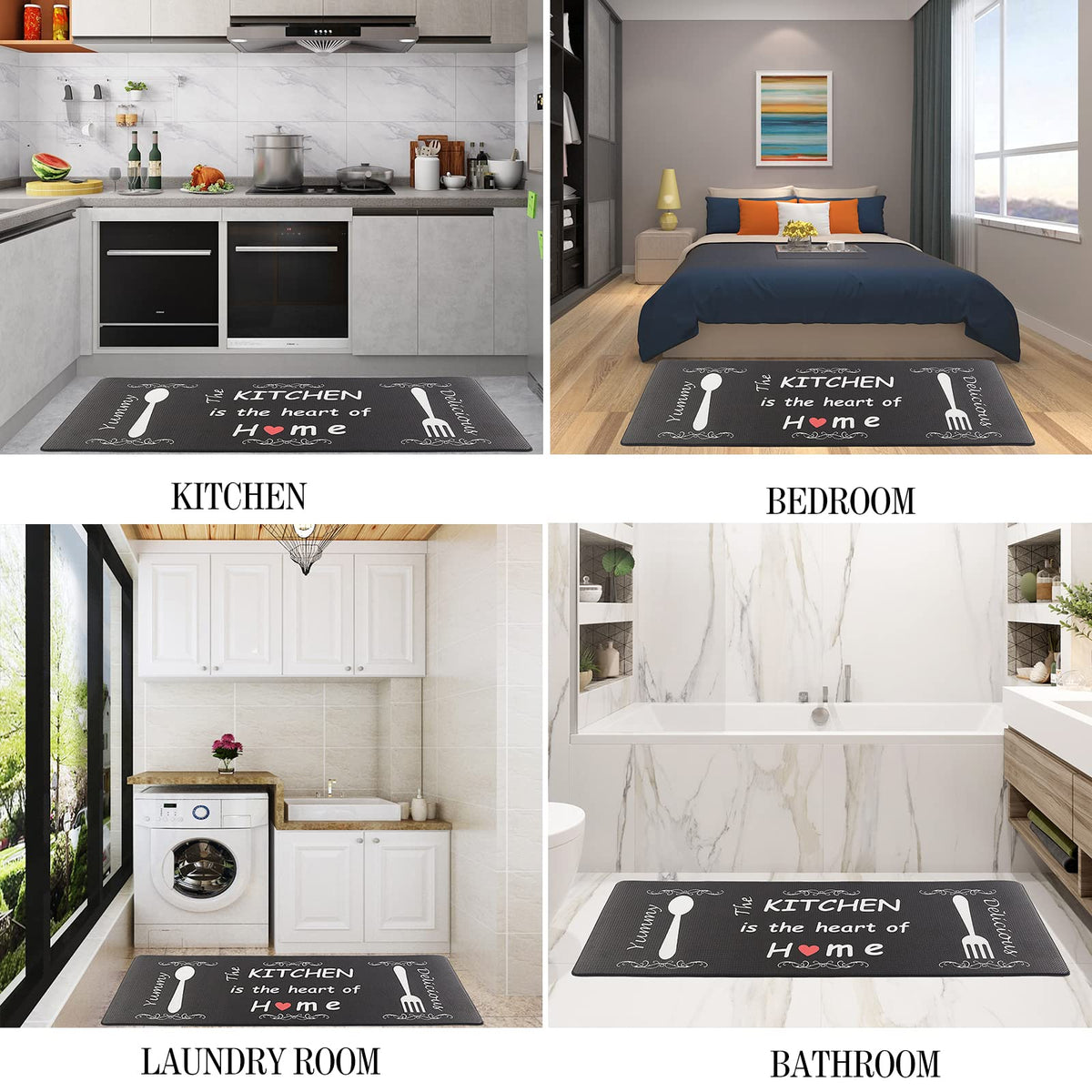 Floral Kitchen Mat Sets 2PCS Non Skid Waterproof Kitchen Rugs and Runner Sets Cushioned Anti-Fatigue Comfort Mat for Home,Office Memory Foam Kitchen Rug, 17.3"x30"+17.3"x47", Black/Pink 17"x30"+17"x47"--0.4 inches