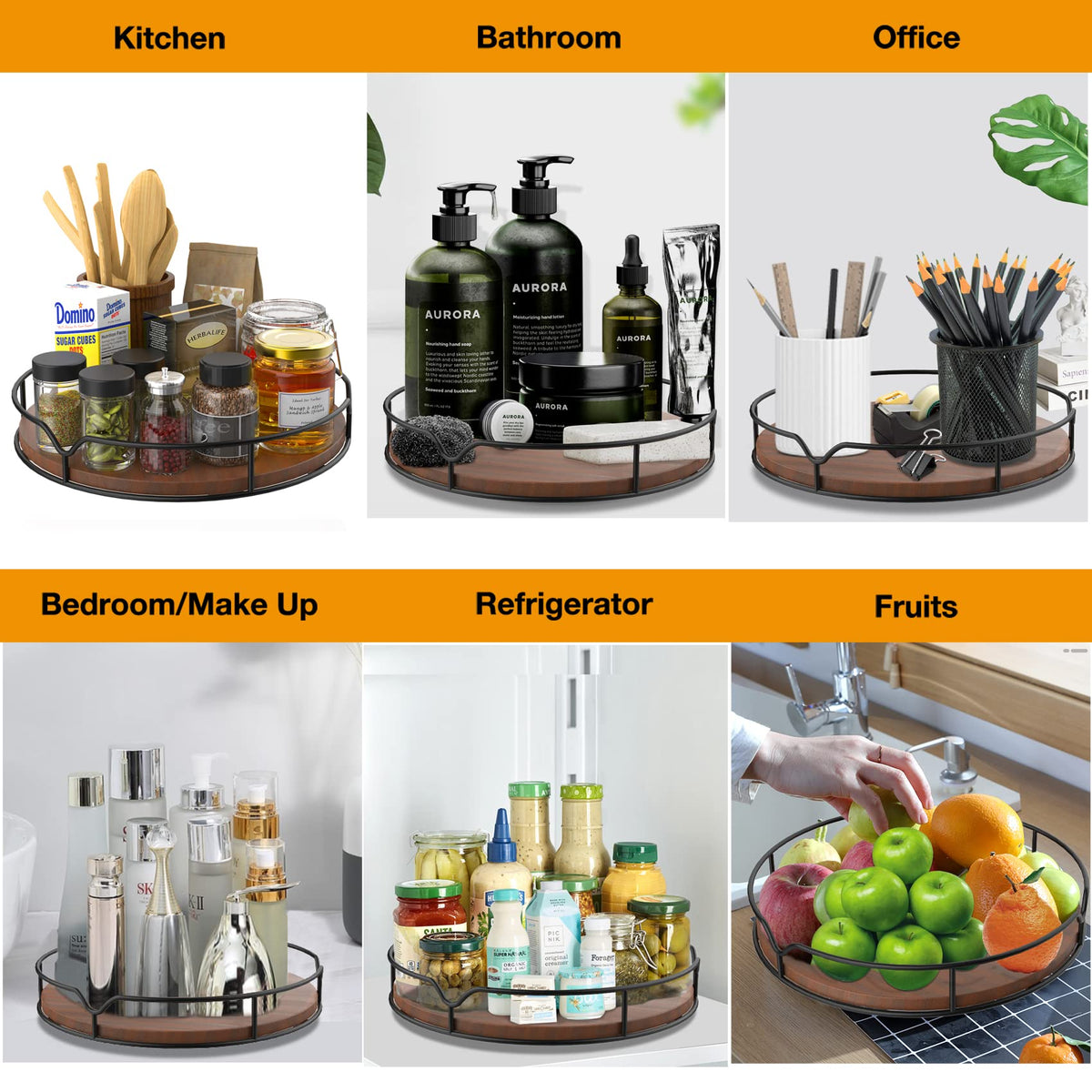 Lazy Susan Turntable Organizer for Cabinet Pantry Kitchen Countertop Refrigerator Cupboard, Pine Wood, 9", Carbonized Black 9''