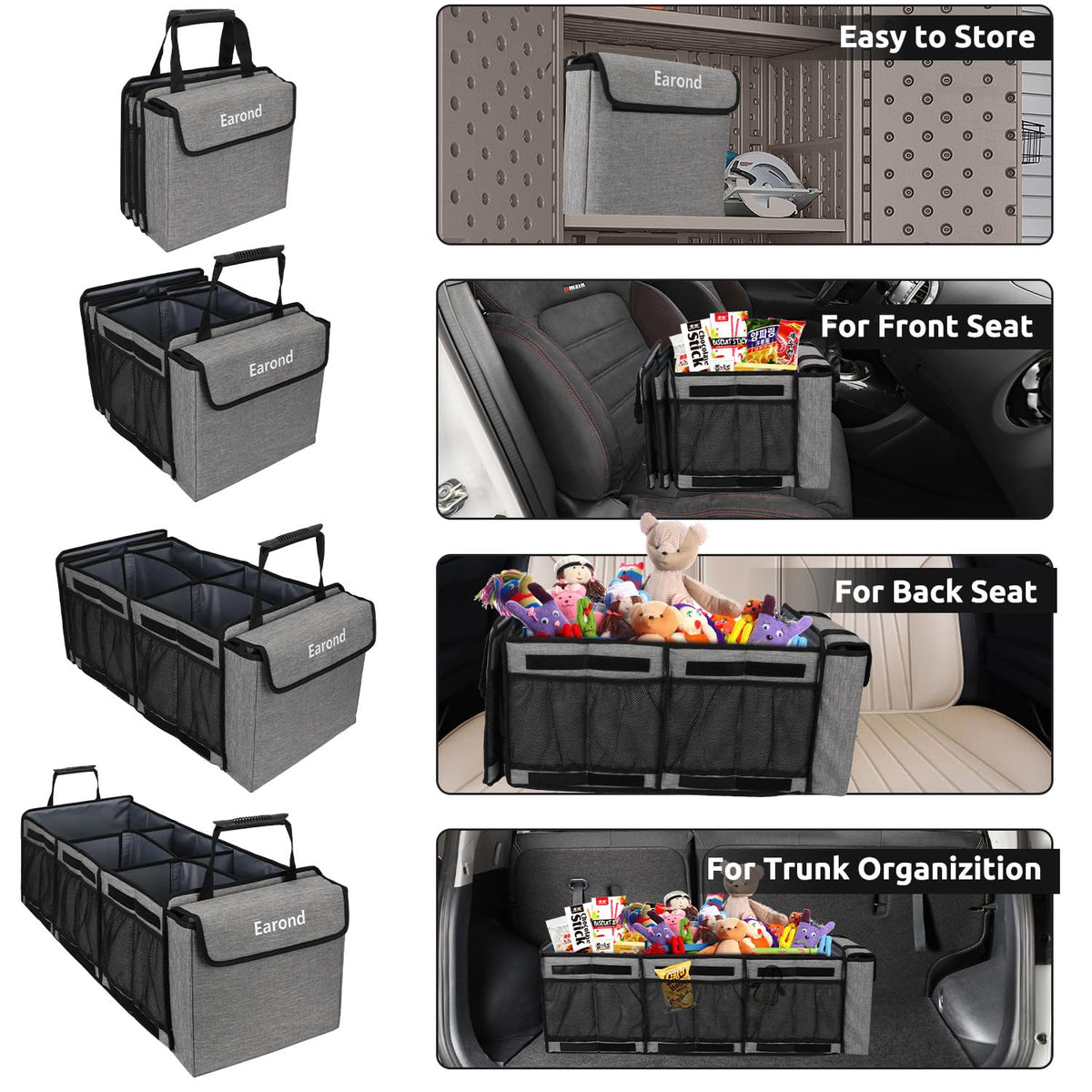 Collapsible Trunk Organizer with Insulated Leakproof Cooler Bag,Removable Lid,Adjustable Securing Straps,3 Compartments Trunk Organizer for SUV,Truck,Sedan(Grey & Black) Black&Grey With Cooler