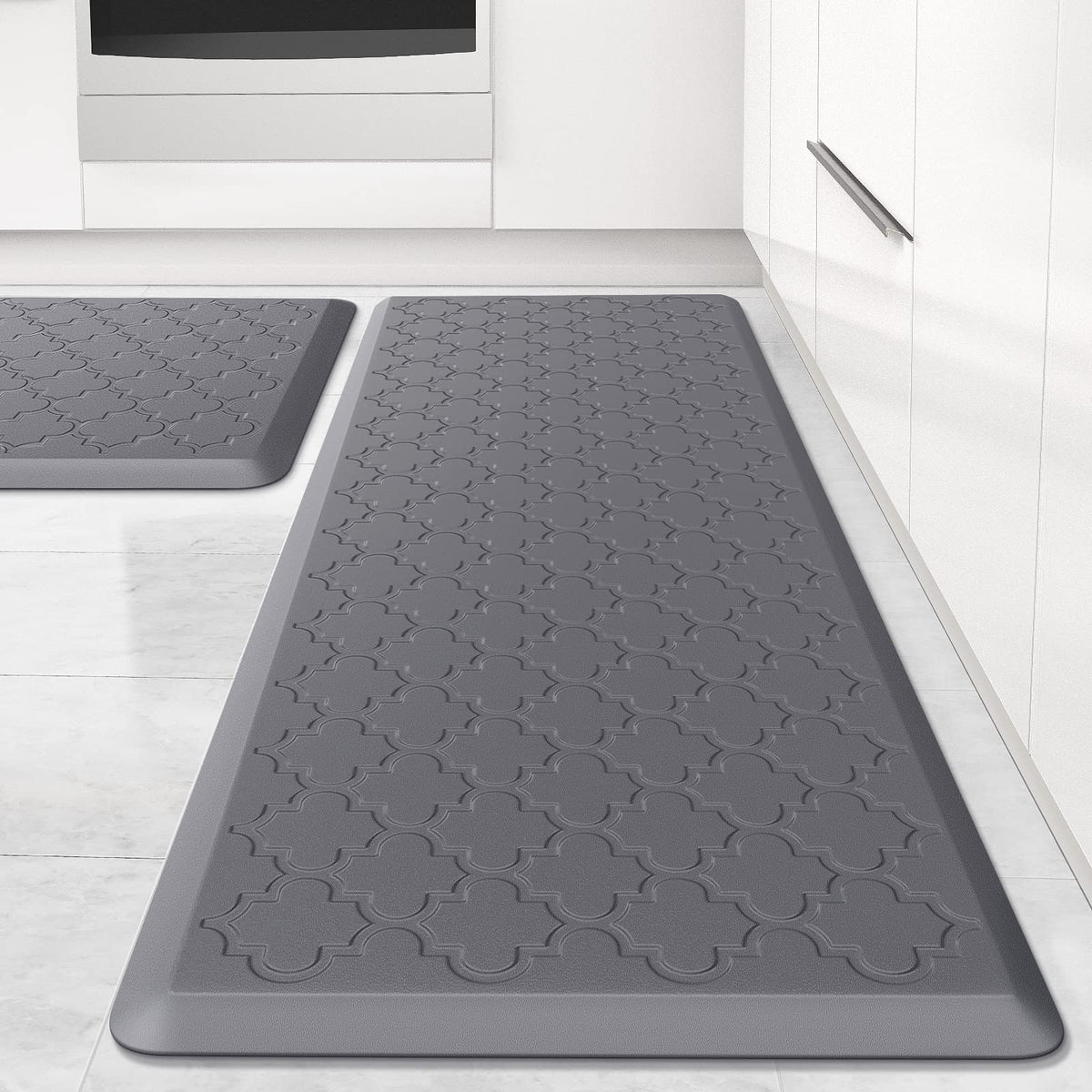 Kitchen Mat 2 PCS Cushioned Anti-Fatigue Floor Mat Standing Mat for Kitchen Stylish Grey 17.3"x29"+17.3"x47"