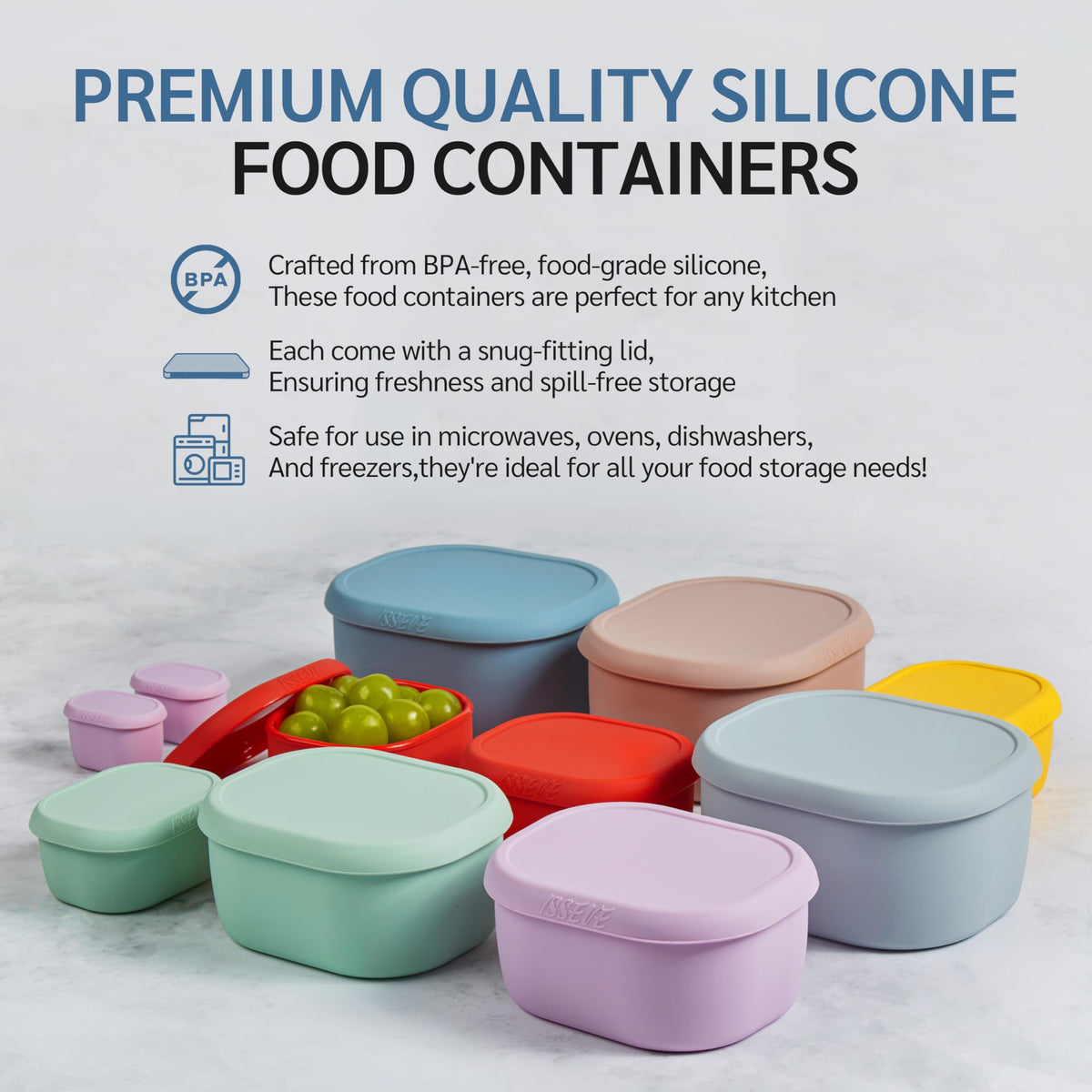 ISSEVE 12Pcs/Set Nesting Silicone Food Storage Containers with Lids Blue