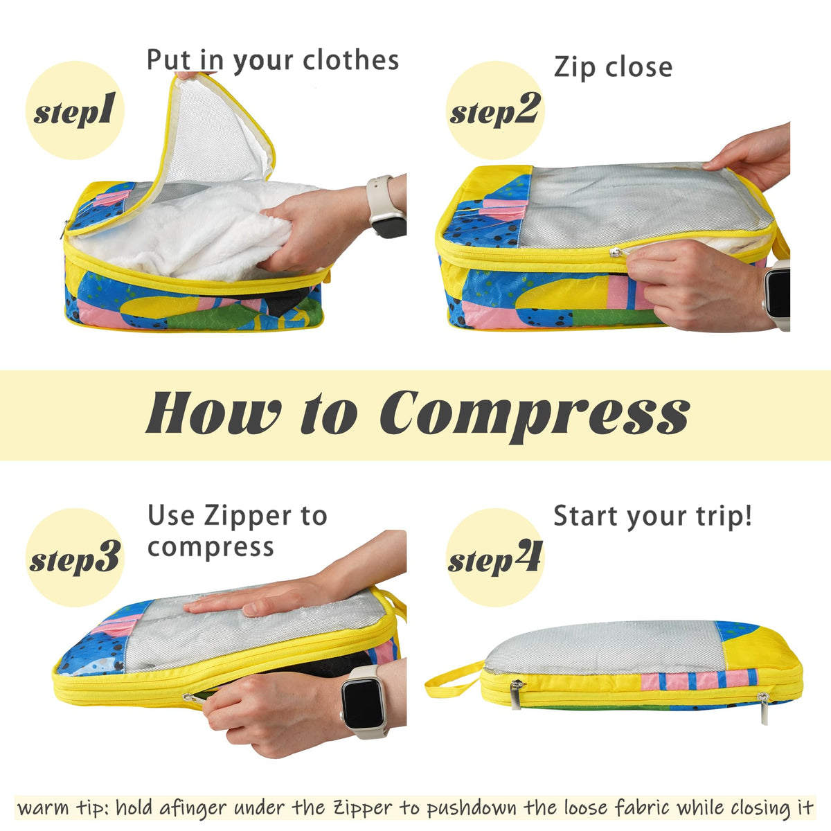 7 Pcs Compression Packing Cubes Travel for Suitcases, Luggage Organizer Washable Storage Bags Set for Backpack Travel- Packaging Cubes for Carry-Ons and Storage yellow orange