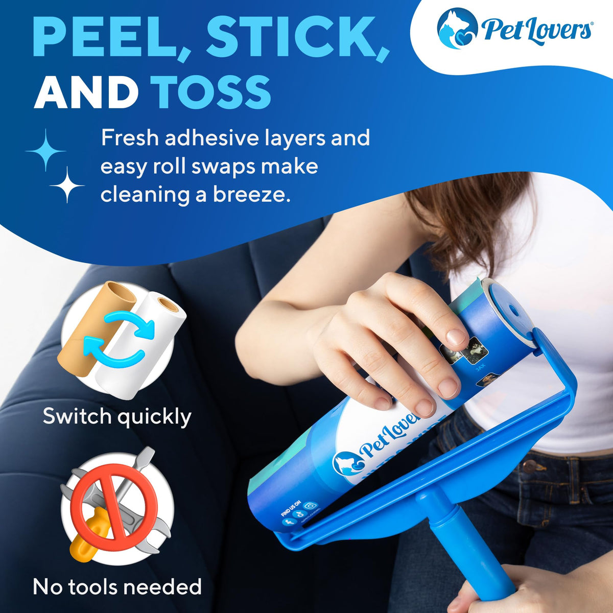 PetLovers Large Lint Roller with 3 Refills – 360 Total Sheets for Tackling Pet Hair, Extra Large Floor and Carpet Roller for Homes with Pets, Perfect for Floors, Furniture, and Loving Pet Owners 4 Pack Floor Roller