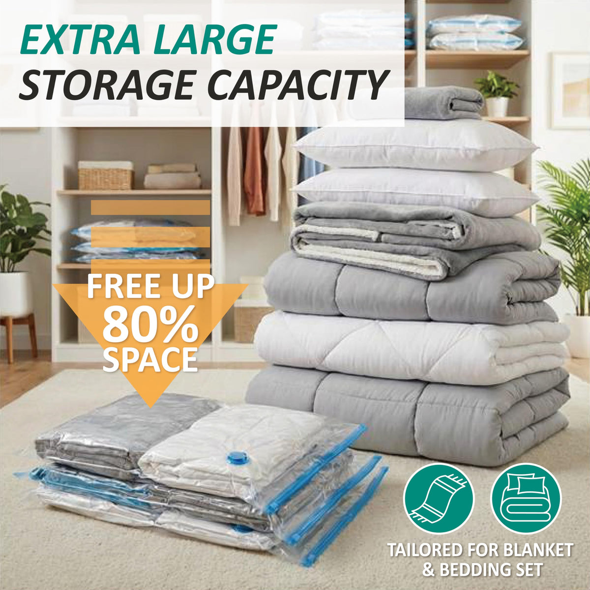 12 Jumbo Vacuum Storage Bags for Blankets & Bedding, Space Saver Bags 12 Jumbo