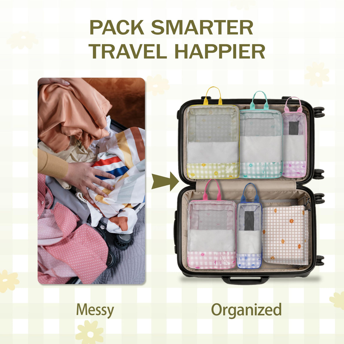 7 Pcs Compression Packing Cubes Travel for Suitcases, Luggage Organizer Washable Storage Bags Set for Backpack Travel- Packaging Cubes for Carry-Ons and Storage yellow orange