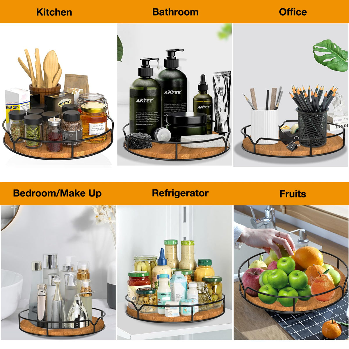 Lazy Susan Turntable Organizer for Cabinet Pantry Kitchen Countertop Refrigerator Cupboard, Pine Wood, 9", Carbonized Black 9''