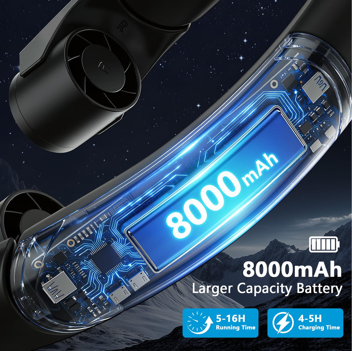 ChillGo Wearable Neck Fan – 8000mAh Battery, 9000RPM Twin Turbines with LED Display, Max 16H Runtime, 4 Wind Levels, Ultra‑Light & Noiseless, Great Gift for Outdoorsy Men and Women – Midnight Black