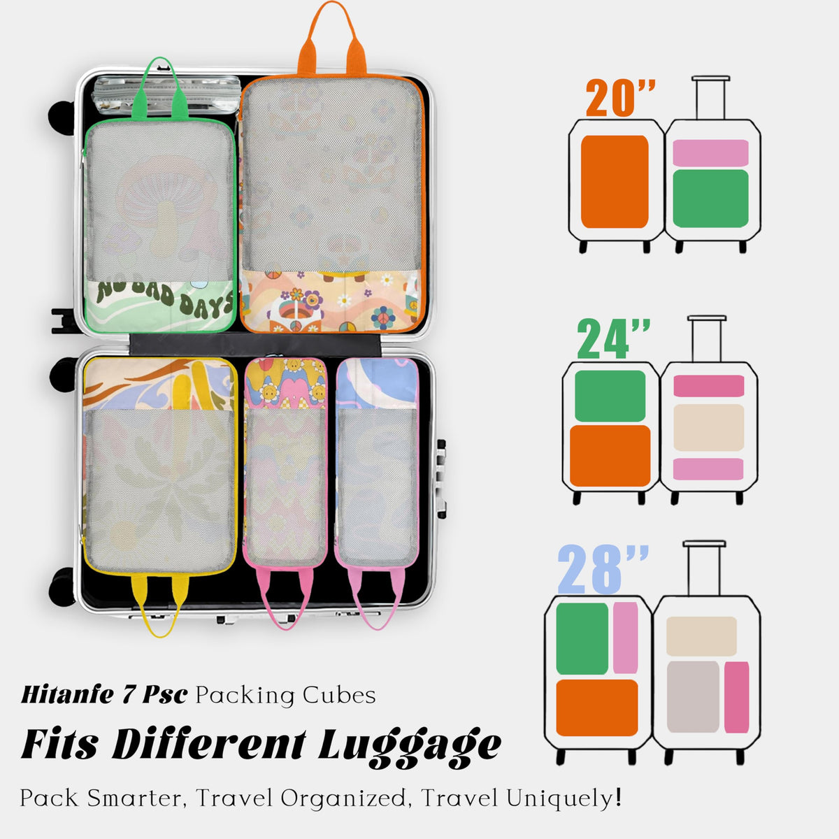 7 Pcs Compression Packing Cubes Travel for Suitcases, Luggage Organizer Washable Storage Bags Set for Backpack Travel- Packaging Cubes for Carry-Ons and Storage yellow orange