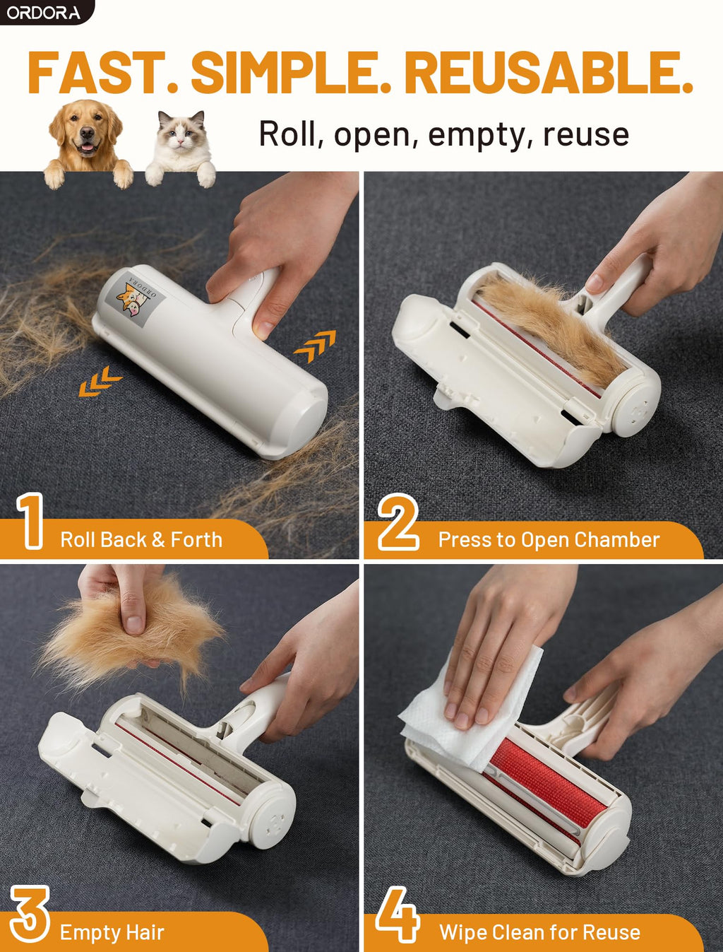 ORDORA Pet Hair Remover Roller, Reusable Lint Roller for Dog and Cat