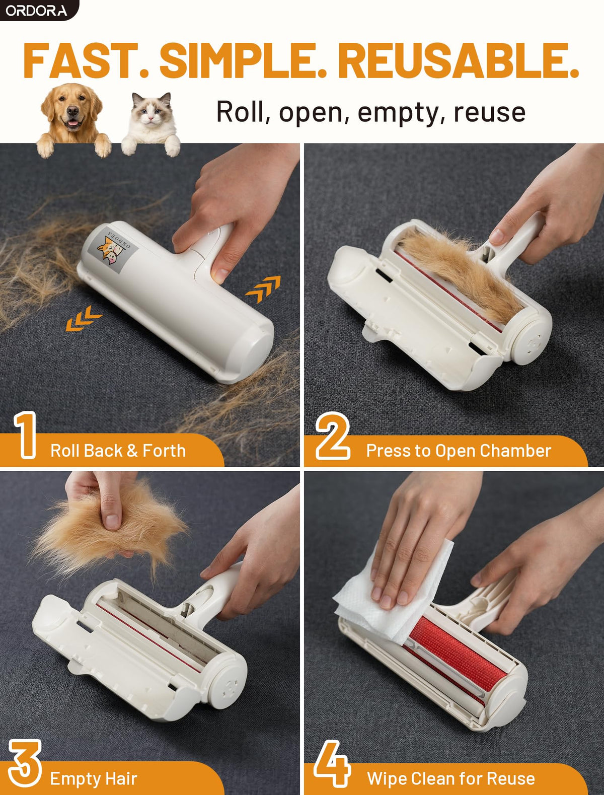 ORDORA Pet Hair Remover Roller, Reusable Lint Roller for Dog and Cat