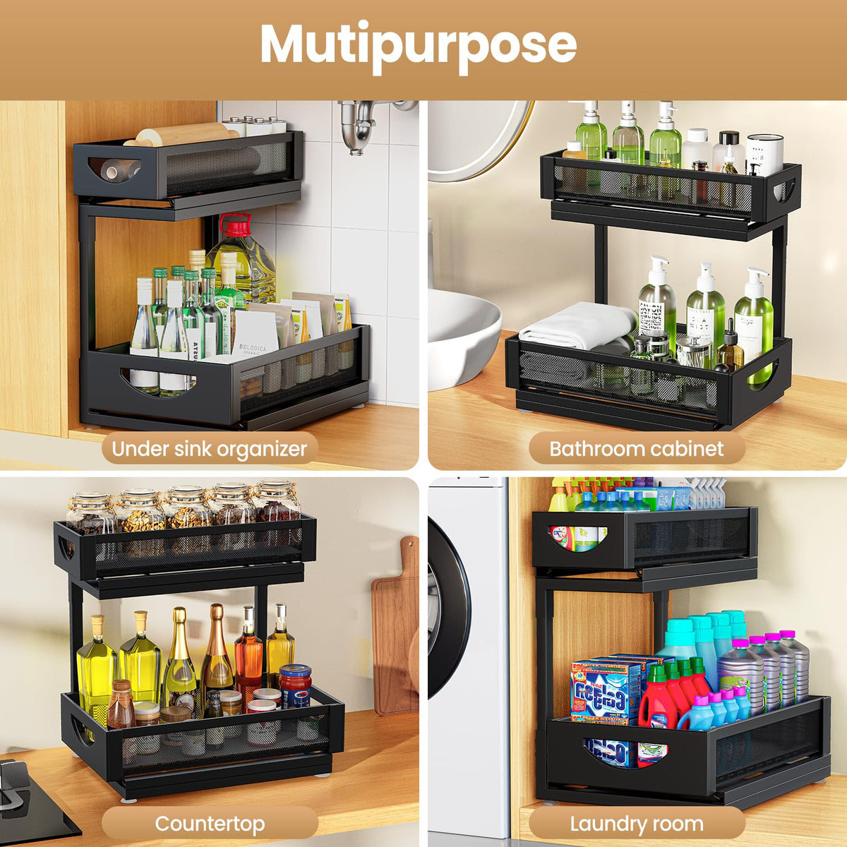Under Sink Organizer for Kitchen and Bathroom Cabinets Pull Out Storage White 2 Pack 2Tier