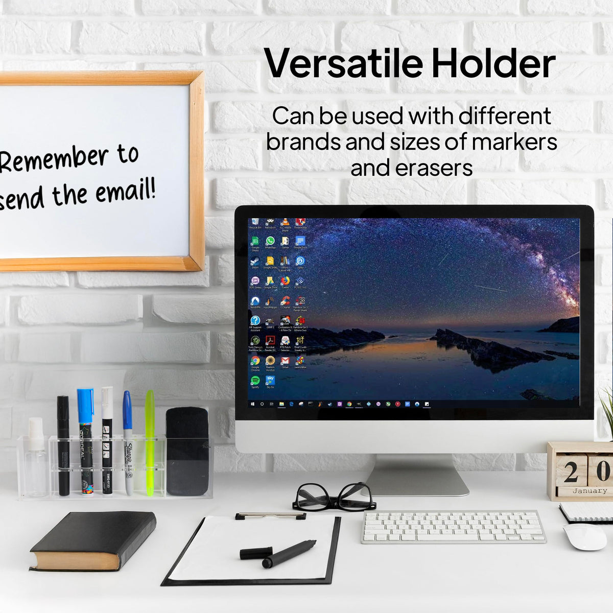 Slim Magnetic Dry Erase Marker Holder for Whiteboard, Space Saving Pen Organizer with Glass and Wall Mount Accessories for Fridge, Office, and School. Markers, Eraser, Cleaner Not Included (Black) Black