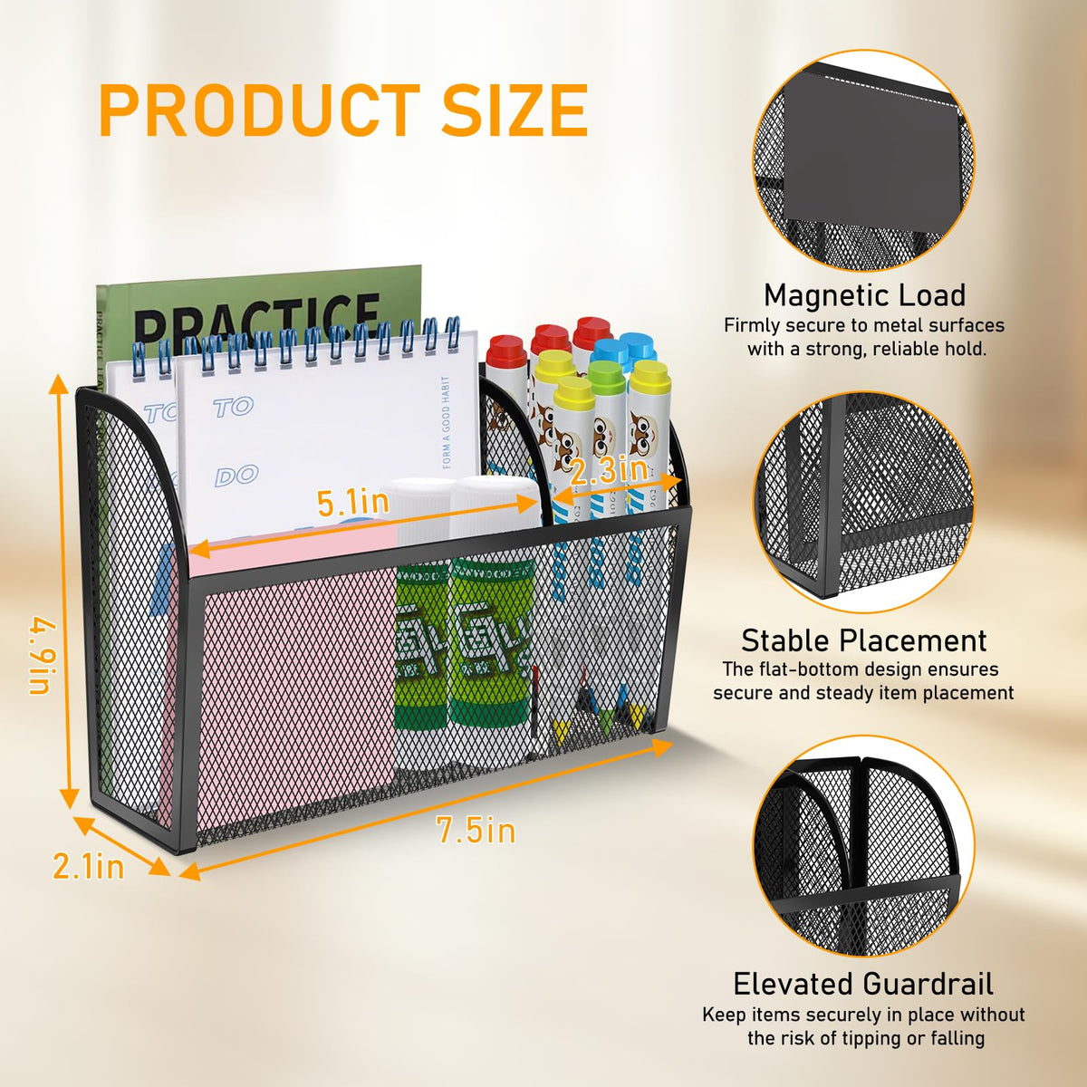 Magnetic Pencil Holder-Magnetic Basket for Fridge 3-Grid Mesh Magnetic Pen Holder for Refrigerator, Extra Strong Magnets Mesh Marker Holder Locker Accessories Organizer for Whiteboard Black