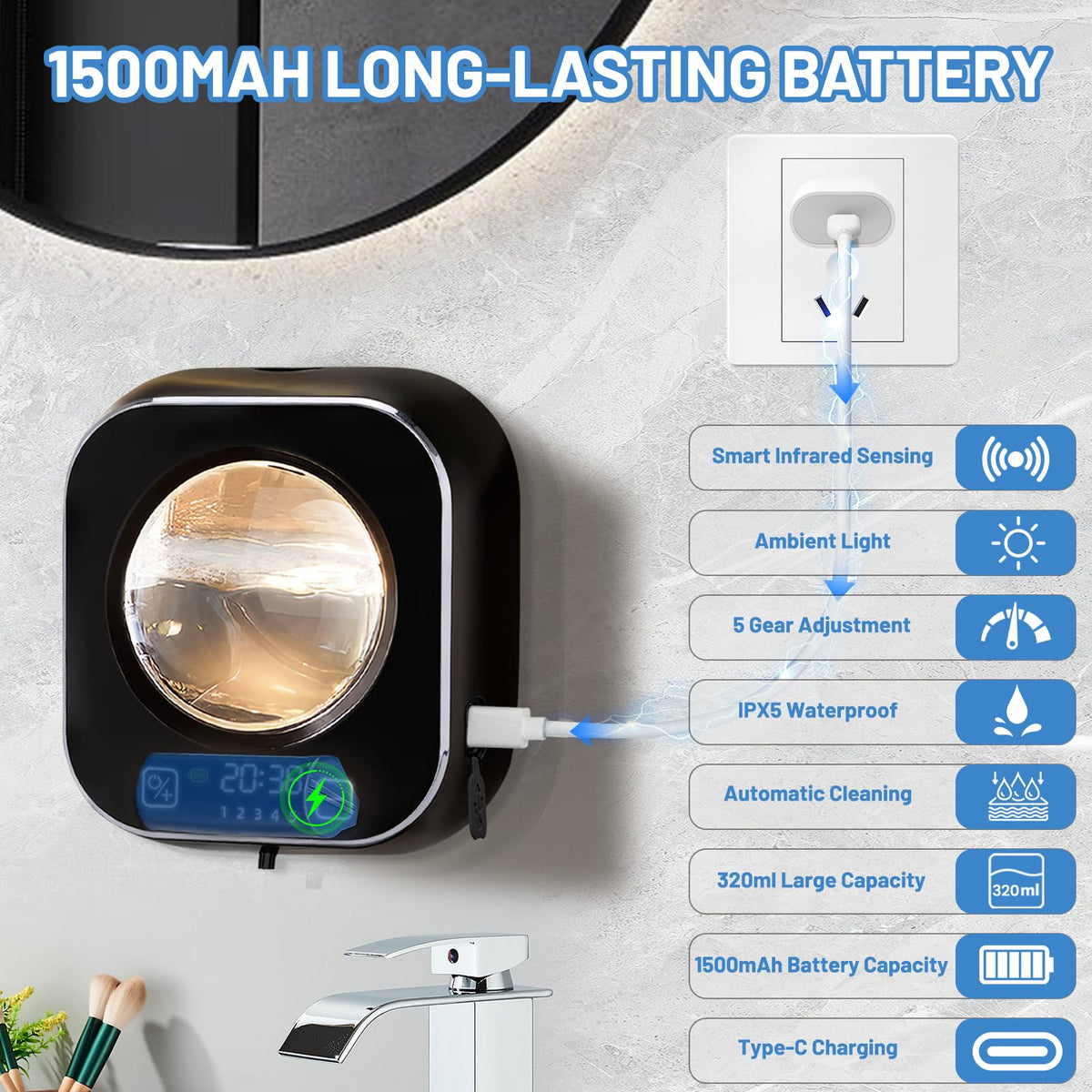 Automatic Soap Dispenser, 320ML Touchless Smart Hand Soap Dispenser, 5 Adjustable Soap Levels, Rechargeable Wall Mounted Electric Foam Soap Dispenser for Bathroom Kitchen Office (Black) Black