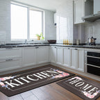 Floral Kitchen Mat Sets 2PCS Non Skid Waterproof Kitchen Rugs and Runner Sets Cushioned Anti-Fatigue Comfort Mat for Home,Office Memory Foam Kitchen Rug, 17.3"x30"+17.3"x47", Black/Pink 17"x30"+17"x47"--0.4 inches