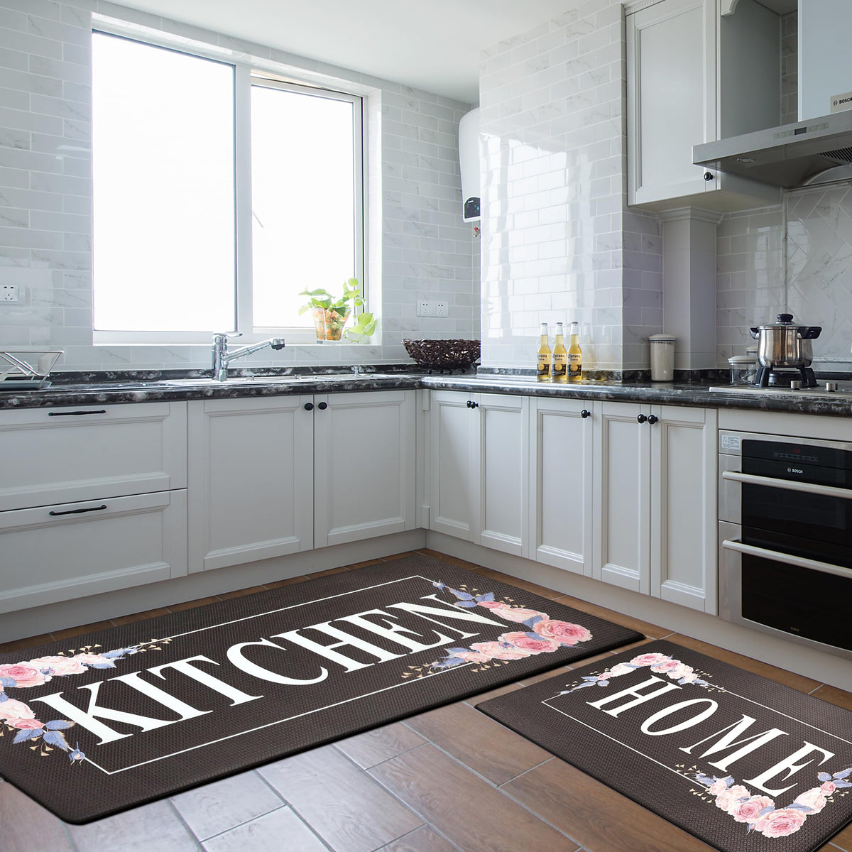 Floral Kitchen Mat Sets 2PCS Non Skid Waterproof Kitchen Rugs and Runner Sets Cushioned Anti-Fatigue Comfort Mat for Home,Office Memory Foam Kitchen Rug, 17.3"x30"+17.3"x47", Black/Pink 17"x30"+17"x47"--0.4 inches