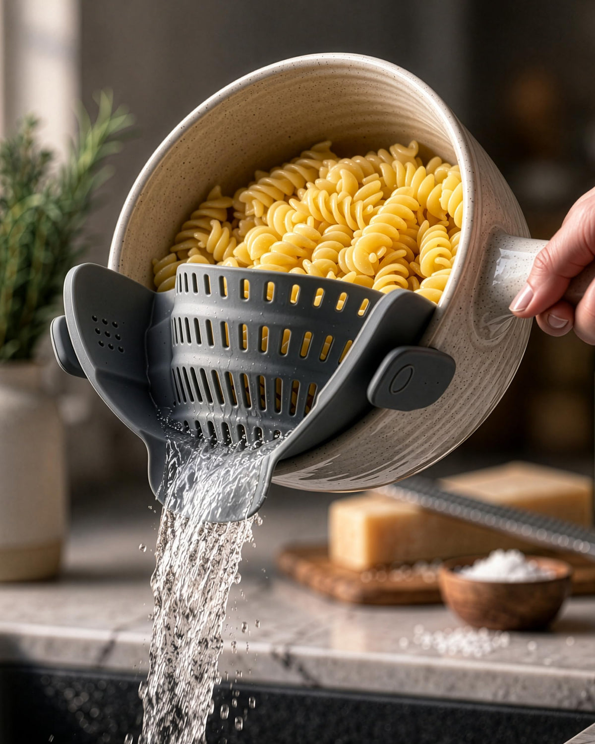Kitchen Gizmo Snap N' Strain - Silicone Pasta Strainer Clip-On for Pots and Pans - Heat Resistant Colander for Vegetables and Noodles - Kitchen Gadgets for Cooking - Space-Saving Design - Gray 1