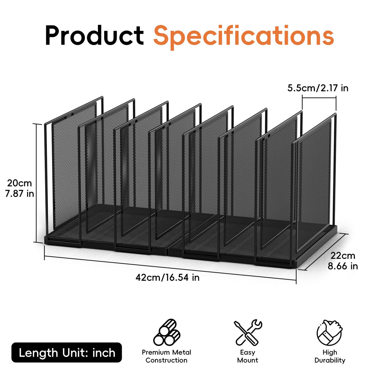 File Organizer For Desk, 7 Section Metal Desktop File Sorter, Black