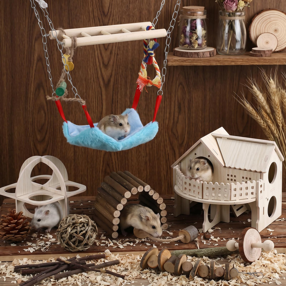11 Pcs Hamster Cage Accessories, 9.5" Wooden Gerbil Wheel